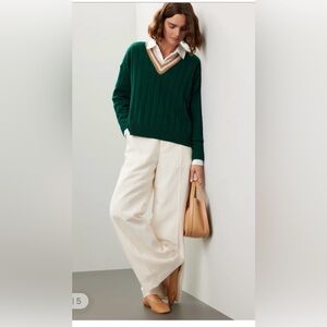 Madewell Wool Forest Green V-Neck Sweater with Tan Trim